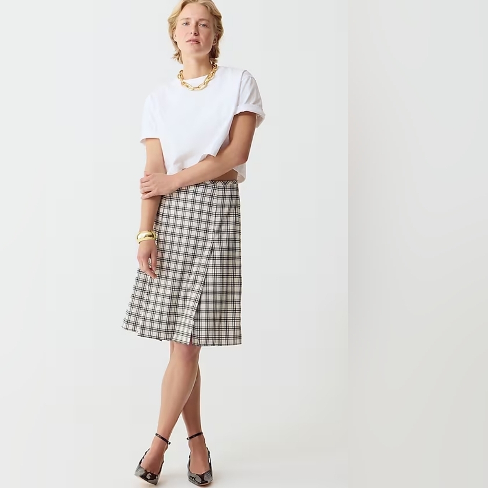 J. Crew Pleated skirt plaid Italian city wool blend Women's 00 Ivory & Black NWT